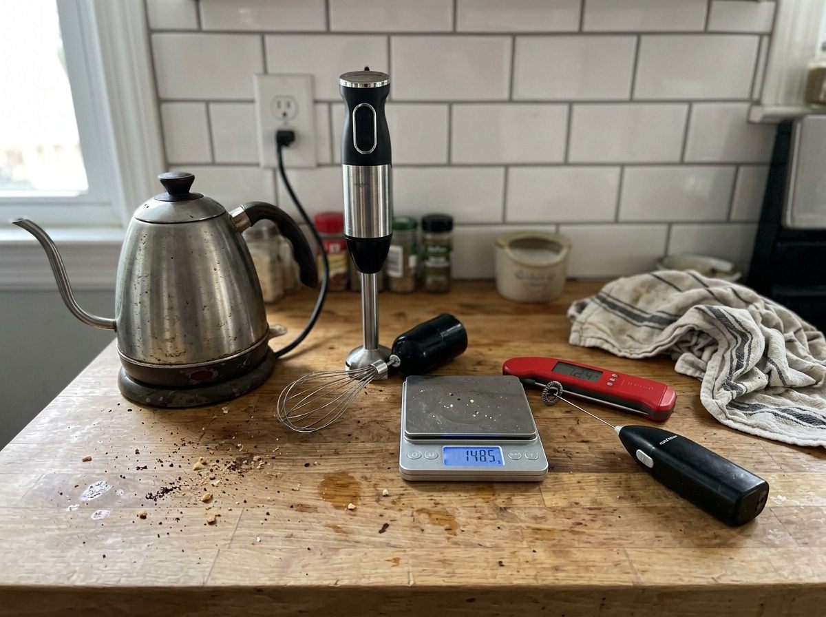 A kitchen counter with a few well-used gadgets: a gooseneck kettle, an immersion blender, and a digital scale