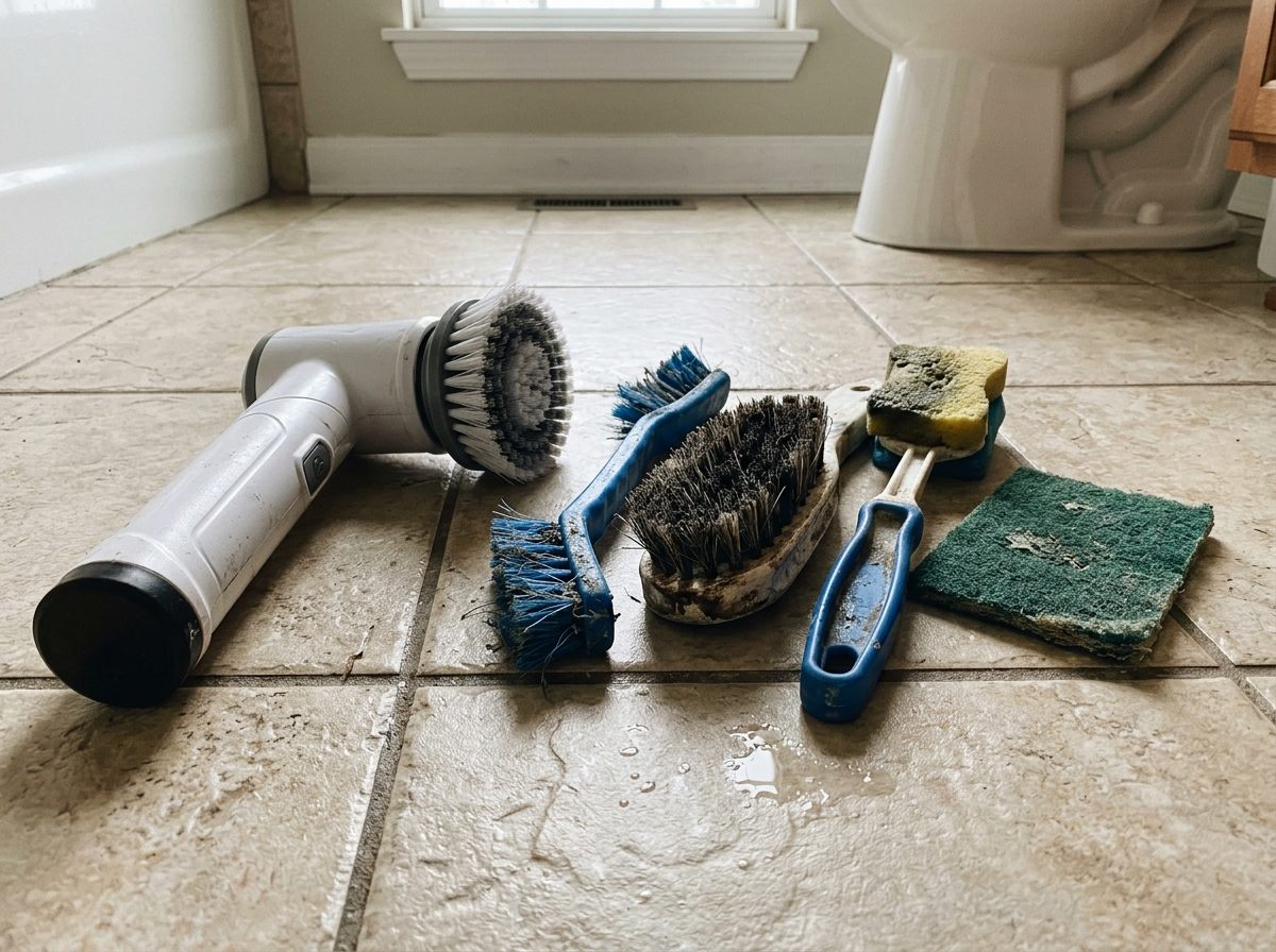 A handheld cordless electric scrubber resting on bathroom tile beside worn-out cleaning brushes