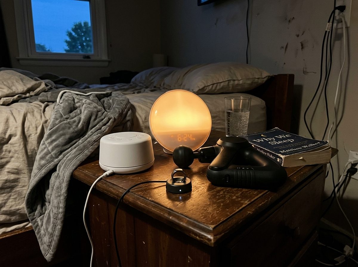 A nightstand with a sound machine, a sunrise alarm clock, and a sleep-tracking ring