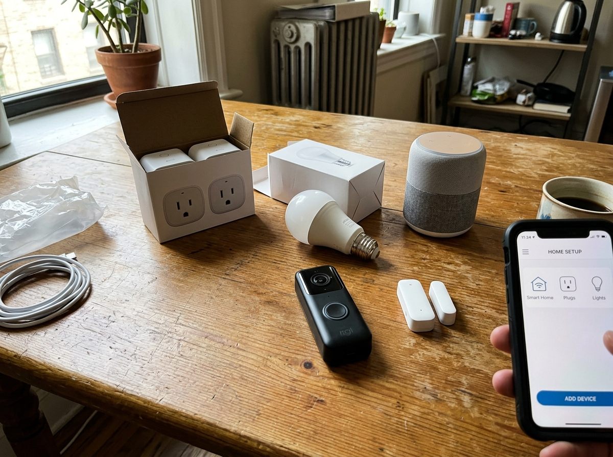 A table with smart home devices: smart plugs, a bulb, a video doorbell, and a small smart display